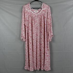 Eileen West Medium White Red Floral Lace Maxi Long Sleeve Nightgown Cottagecore